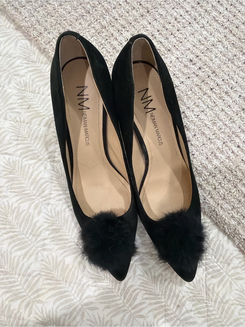 Neiman Marcus Black Suede Pointed Toe Pumps with Pom Pom